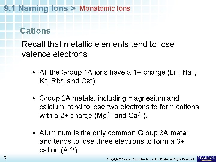 9. 1 Naming Ions > Monatomic Ions Cations Recall that metallic elements tend to