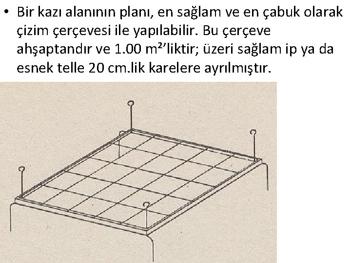  • Bir kazı alanının planı, en sağlam ve en çabuk olarak çizim çerçevesi