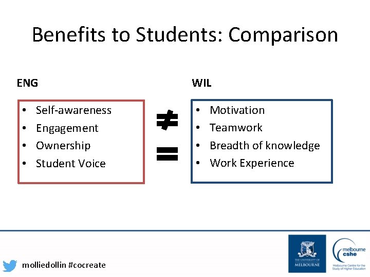 Benefits to Students: Comparison ENG • • Self-awareness Engagement Ownership Student Voice molliedollin #cocreate