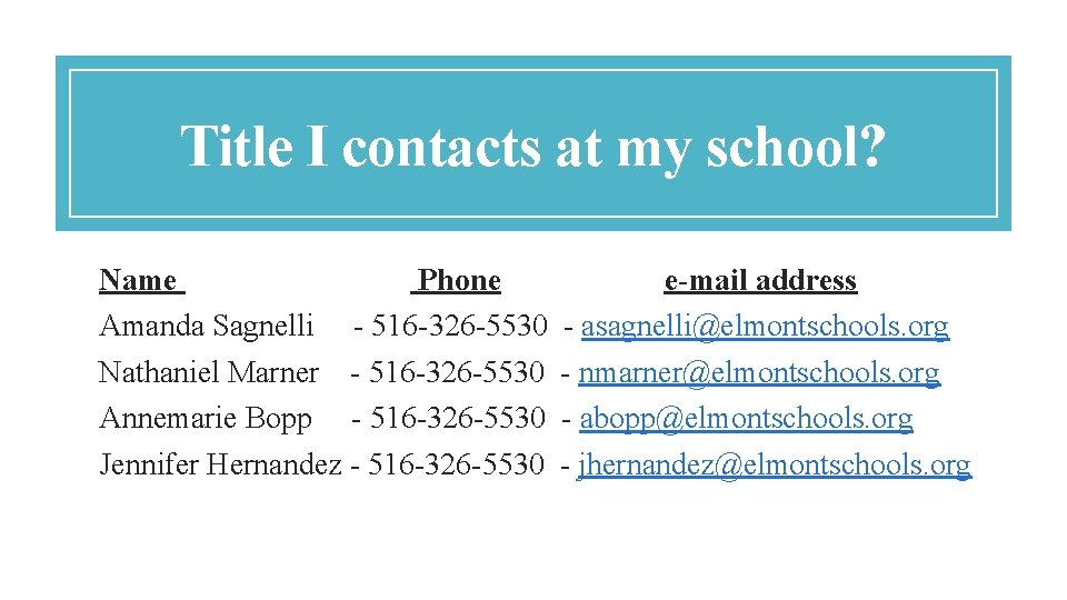 Title I contacts at my school? Name Phone e-mail address Amanda Sagnelli - 516