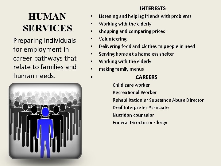 HUMAN SERVICES Preparing individuals for employment in career pathways that relate to families and