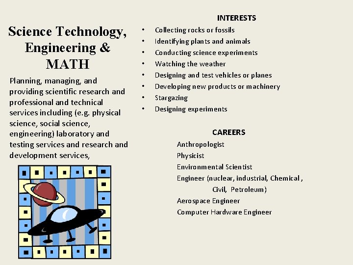 INTERESTS Science Technology, Engineering & MATH Planning, managing, and providing scientific research and professional