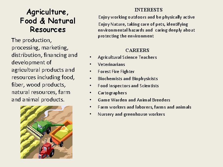 Agriculture, Food & Natural Resources The production, processing, marketing, distribution, financing and development of