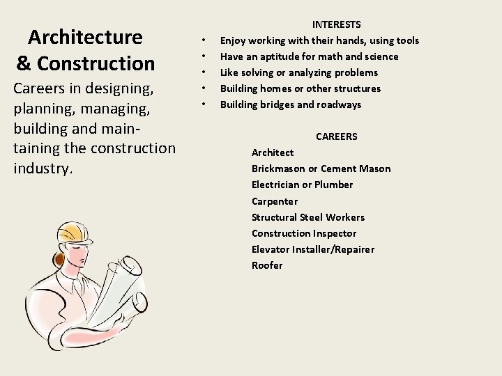 Architecture & Construction Careers in designing, planning, managing, building and maintaining the construction industry.