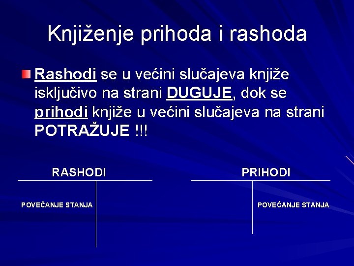 Knjiženje prihoda i rashoda Rashodi se u većini slučajeva knjiže isključivo na strani DUGUJE,