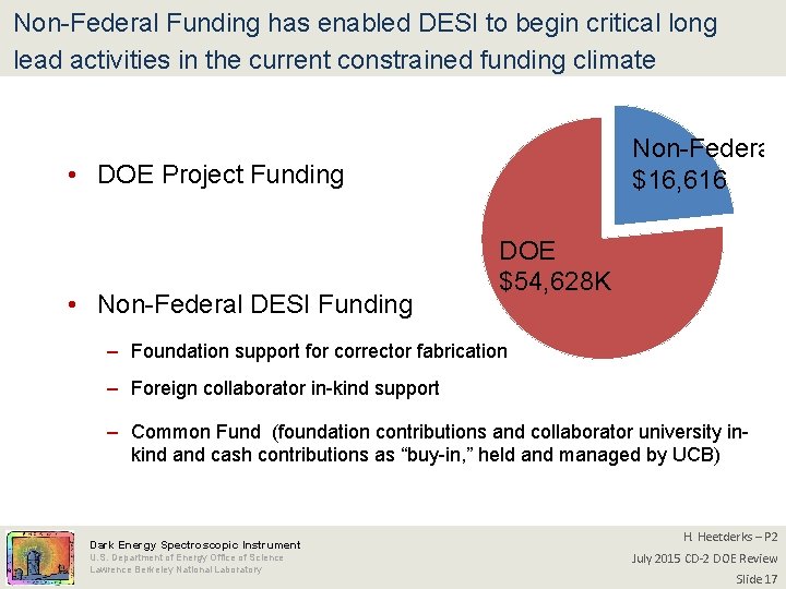 Non-Federal Funding has enabled DESI to begin critical long lead activities in the current