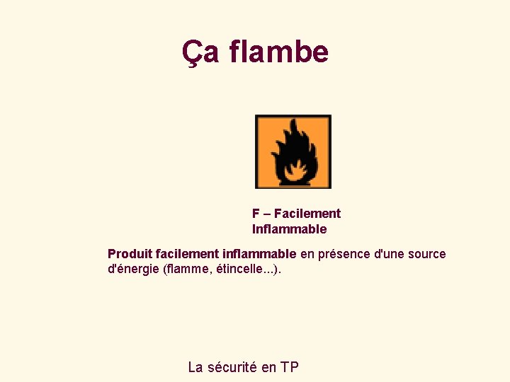 Ça flambe F – Facilement Inflammable Produit facilement inflammable en présence d'une source d'énergie