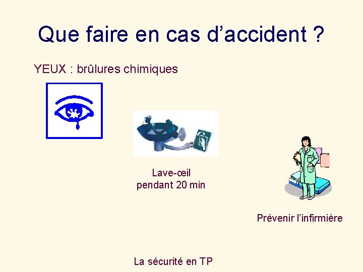 Que faire en cas d’accident ? YEUX : brûlures chimiques Lave-œil pendant 20 min