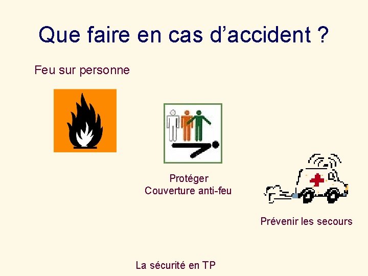 Que faire en cas d’accident ? Feu sur personne Protéger Couverture anti-feu Prévenir les