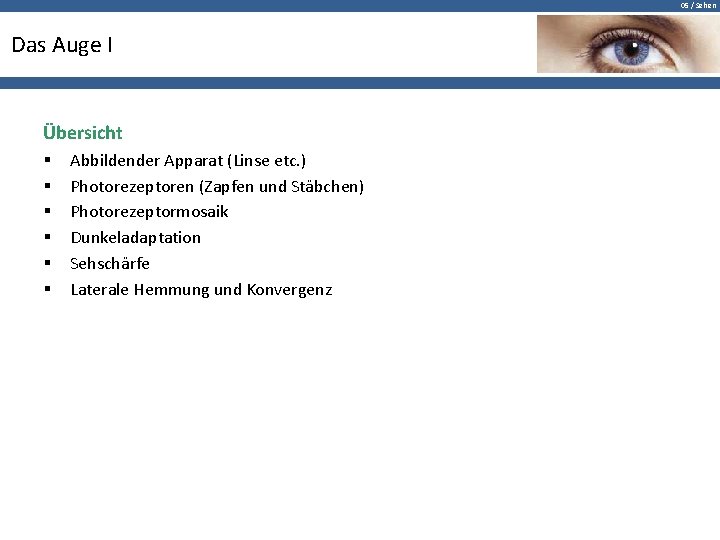 05 / Sehen Das Auge I Übersicht § § § Abbildender Apparat (Linse etc.