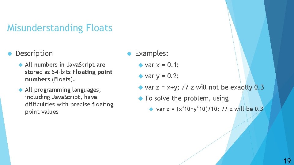 Misunderstanding Floats l Description All numbers in Java. Script are stored as 64 -bits