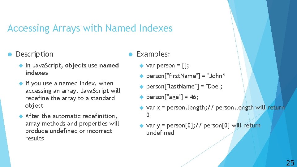 Accessing Arrays with Named Indexes l Description In Java. Script, objects use named indexes