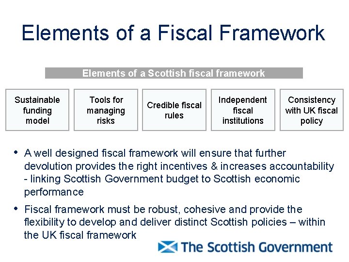 Elements of a Fiscal Framework Elements of a Scottish fiscal framework Sustainable funding model