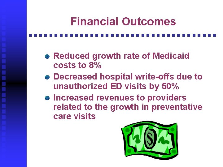 Financial Outcomes Reduced growth rate of Medicaid costs to 8% Decreased hospital write-offs due