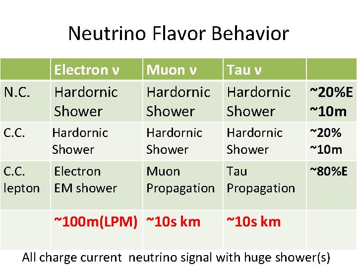 Neutrino Flavor Behavior Electron ν Hardornic Shower Muon ν Tau ν Hardornic ~20%E Shower Neutrino Flavor Behavior Electron ν Hardornic Shower Muon ν Tau ν Hardornic ~20%E Shower