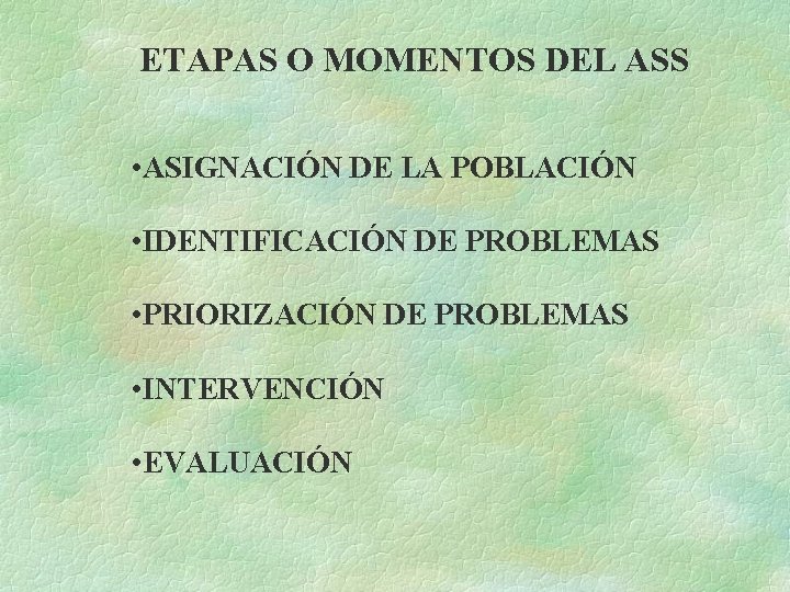 ETAPAS O MOMENTOS DEL ASS • ASIGNACIÓN DE LA POBLACIÓN • IDENTIFICACIÓN DE PROBLEMAS