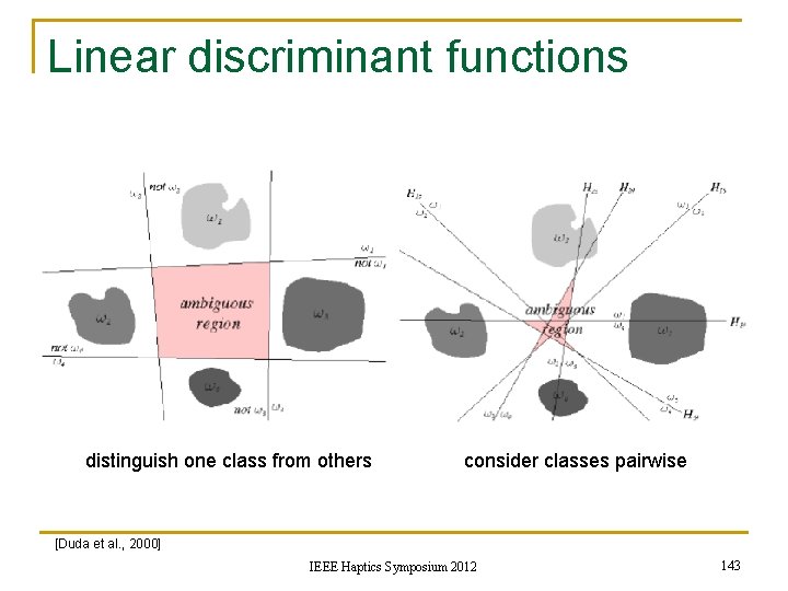 Linear discriminant functions distinguish one class from others consider classes pairwise [Duda et al.