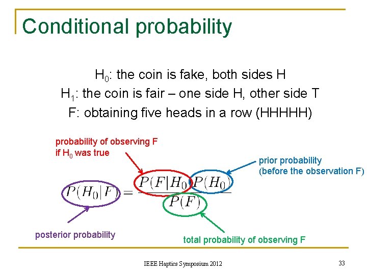 Conditional probability H 0: the coin is fake, both sides H H 1: the