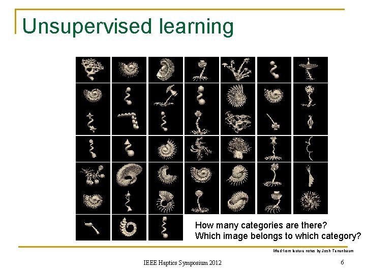 Unsupervised learning How many categories are there? Which image belongs to which category? lifted