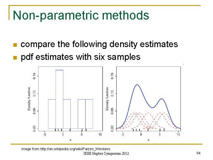 Non-parametric methods n n compare the following density estimates pdf estimates with six samples