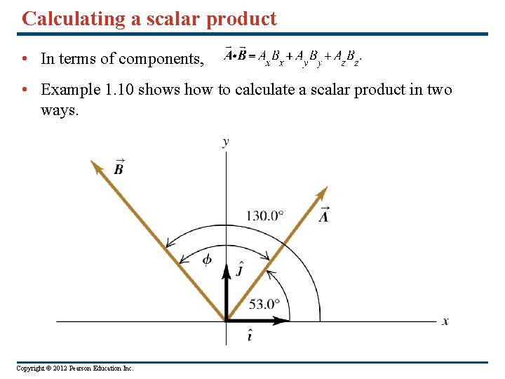 Calculating a scalar product • In terms of components, • Example 1. 10 shows