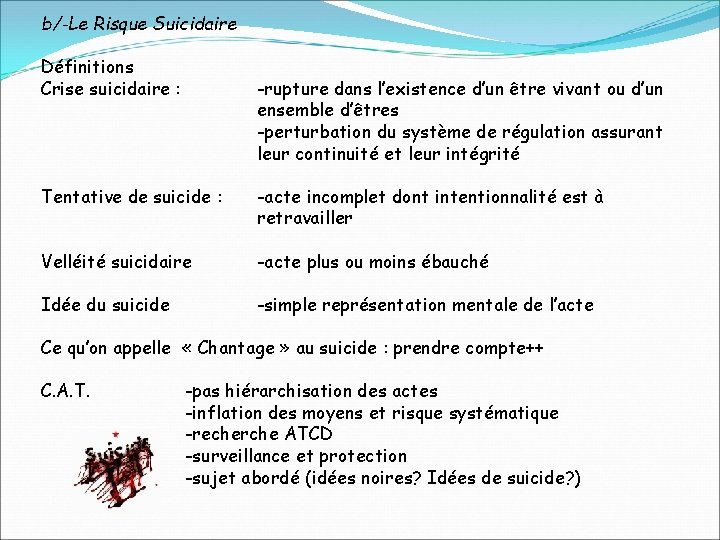 b/-Le Risque Suicidaire Définitions Crise suicidaire : -rupture dans l’existence d’un être vivant ou