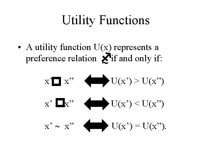 Utility Functions • A utility function U(x) represents a preference relation fif and only