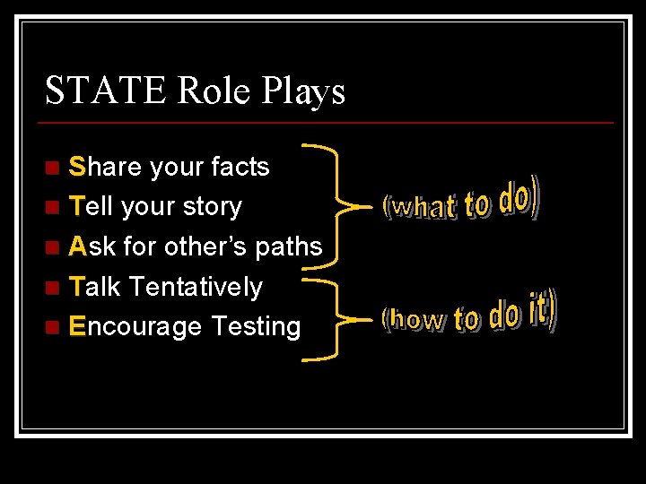 STATE Role Plays Share your facts n Tell your story n Ask for other’s