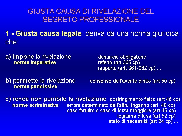 GIUSTA CAUSA DI RIVELAZIONE DEL SEGRETO PROFESSIONALE 1 - Giusta causa legale deriva da