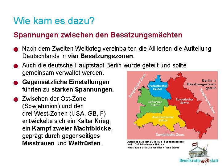 Wie kam es dazu? Spannungen zwischen den Besatzungsmächten Nach dem Zweiten Weltkrieg vereinbarten die