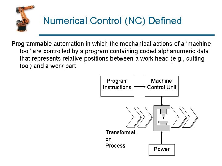 Numerical Control (NC) Defined Programmable automation in which the mechanical actions of a ‘machine