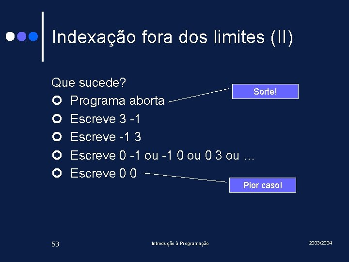 Indexação fora dos limites (II) Que sucede? Sorte! ¢ Programa aborta ¢ Escreve 3