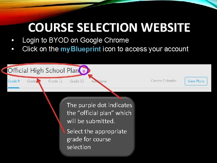 COURSE SELECTION WEBSITE • • Login to BYOD on Google Chrome Click on the