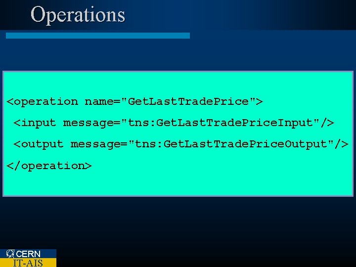 Operations <operation name="Get. Last. Trade. Price"> <input message="tns: Get. Last. Trade. Price. Input"/> <output