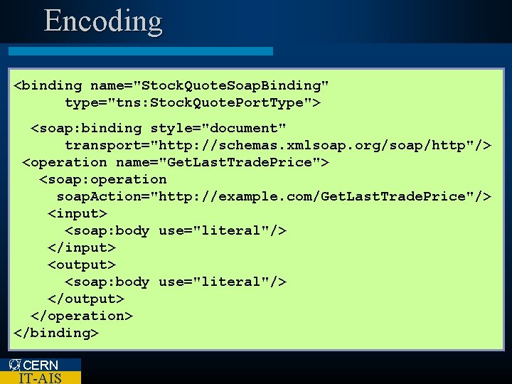 Encoding <binding name="Stock. Quote. Soap. Binding" type="tns: Stock. Quote. Port. Type"> <soap: binding style="document"