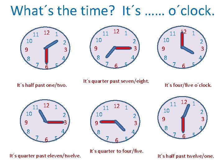 What´s the time? It´s …… o´clock. 10 9 8 11 12 1 7 6