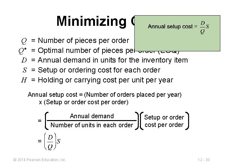 Minimizing Costs Q Q* D S H = Number of pieces per order =