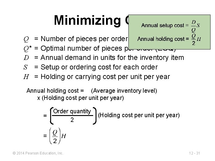 Minimizing Costs Q Q* D S H = Number of pieces per order =