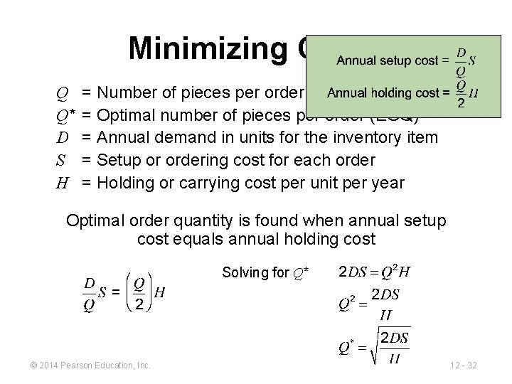 Minimizing Costs Q Q* D S H = Number of pieces per order =