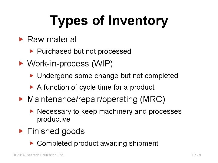 Types of Inventory ▶ Raw material ▶ Purchased but not processed ▶ Work-in-process (WIP)