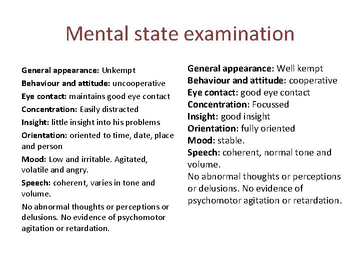 Mental state examination General appearance: Unkempt Behaviour and attitude: uncooperative Eye contact: maintains good Mental state examination General appearance: Unkempt Behaviour and attitude: uncooperative Eye contact: maintains good