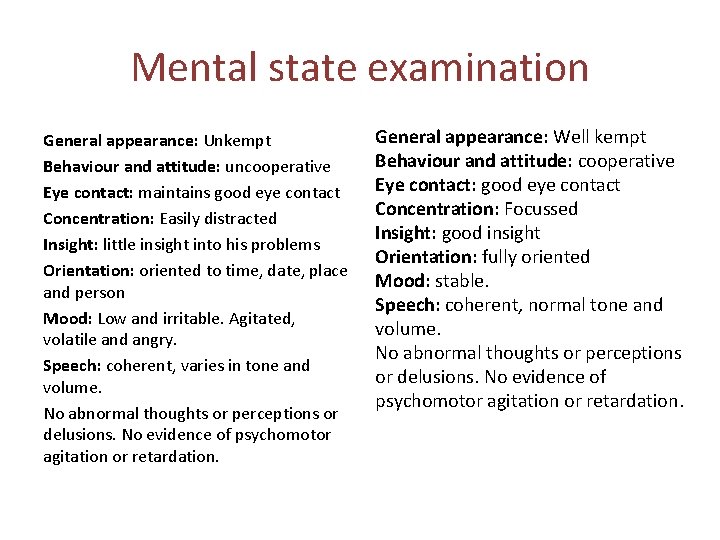 Mental state examination General appearance: Unkempt Behaviour and attitude: uncooperative Eye contact: maintains good