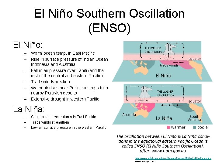 El Niño Southern Oscillation (ENSO) El Niño: – Warm ocean temp. in East Pacific