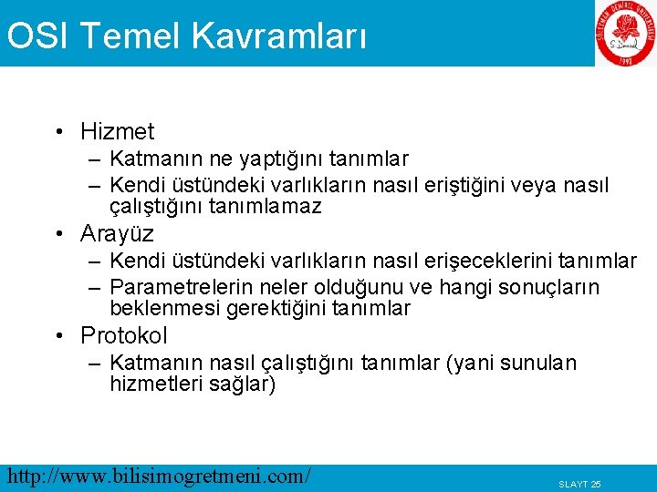 OSI Temel Kavramları • Hizmet – Katmanın ne yaptığını tanımlar – Kendi üstündeki varlıkların