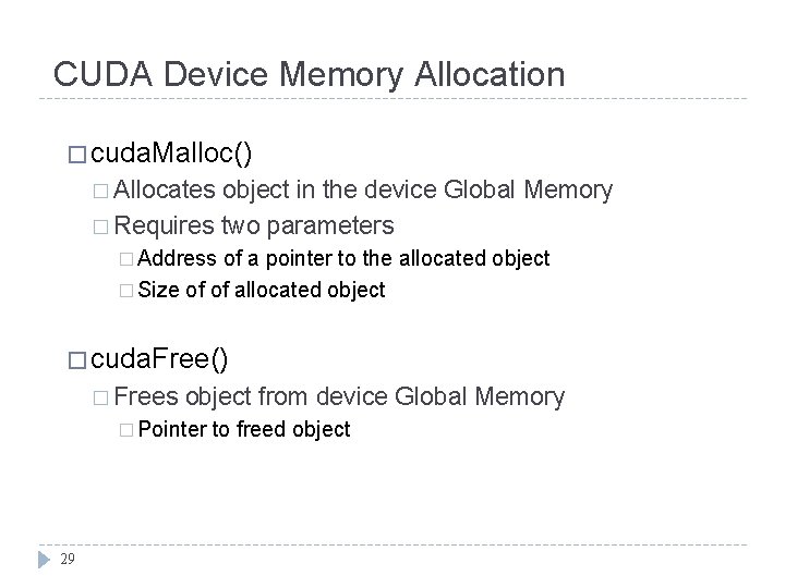 CUDA Device Memory Allocation � cuda. Malloc() � Allocates object in the device Global