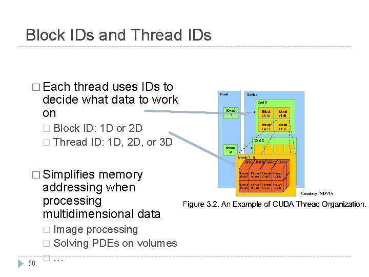 Block IDs and Thread IDs � Each thread uses IDs to decide what data