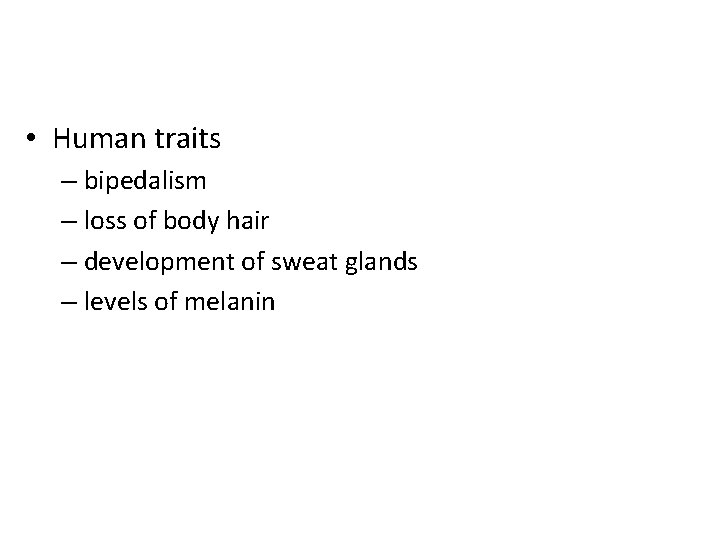  • Human traits – bipedalism – loss of body hair – development of