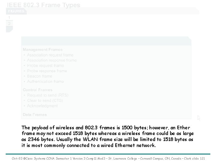 The payload of wireless and 802. 3 frames is 1500 bytes; however, an Ether