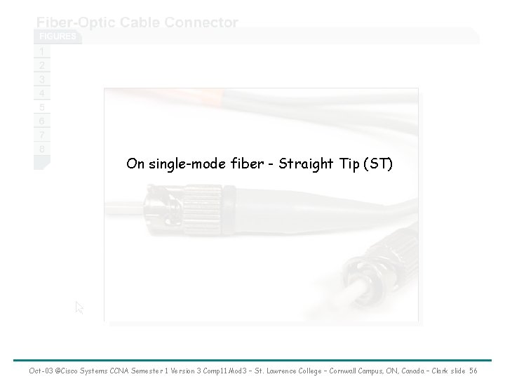 On single-mode fiber - Straight Tip (ST) Oct-03 ©Cisco Systems CCNA Semester 1 Version