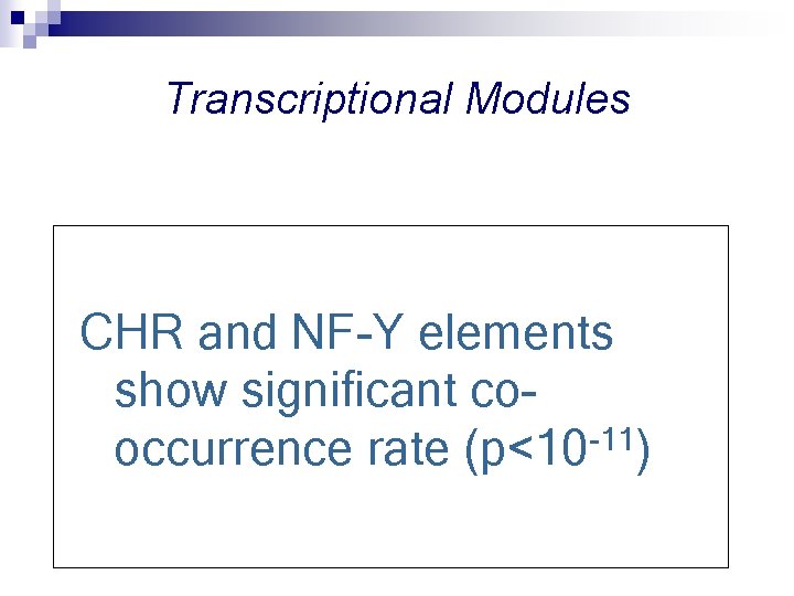 Transcriptional Modules Promoter #1 CHR and NF-Y elements show significant cooccurrence rate (p<10 -11)